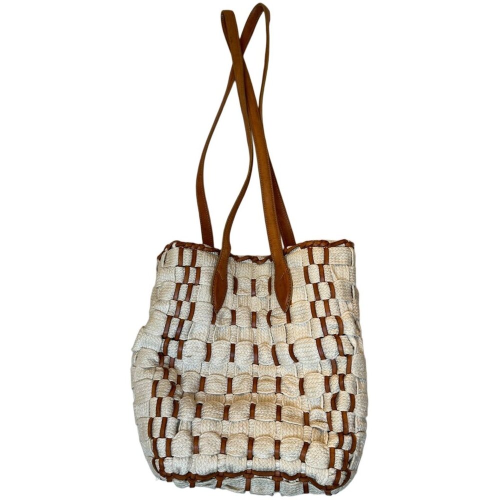 DE VECCHI Made in Italy Tan Woven Fibers & Leather Handle Shoulder Bag